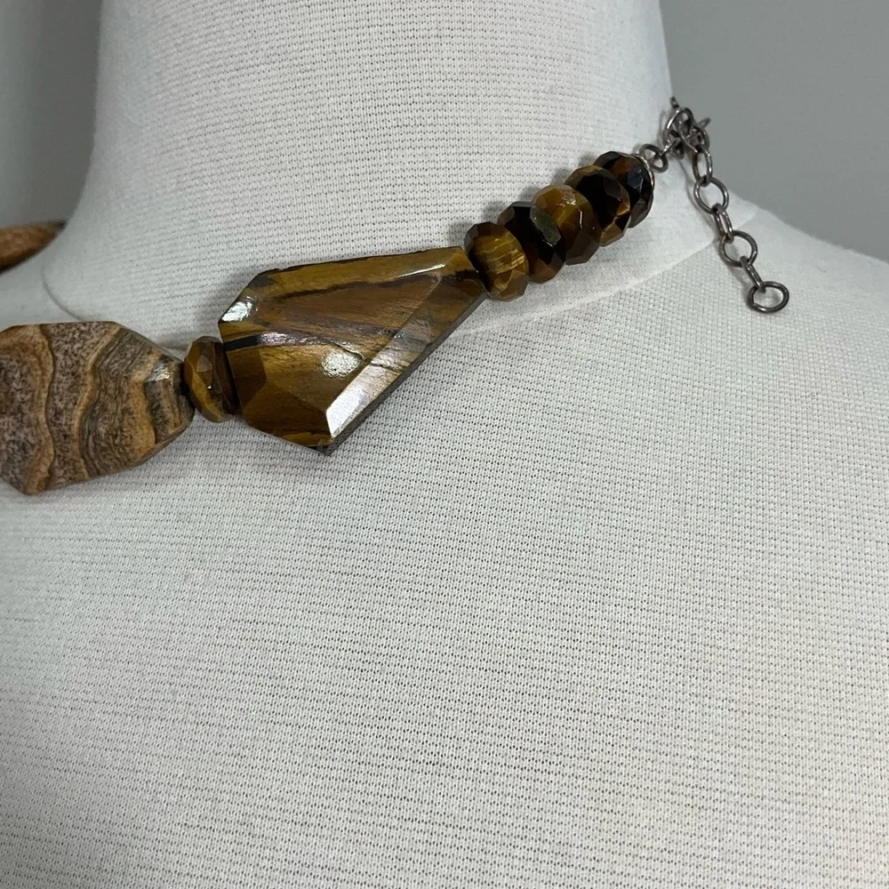 Natural Stone & Tiger Eye 3 pc Statement Beaded Necklace Earrings Bracelet Brown